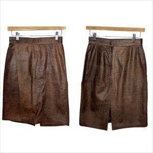 Vtg 90s Y2K 100% Leather Pencil Skirt Chocolate Brown‎ High Waist Sz XS/S